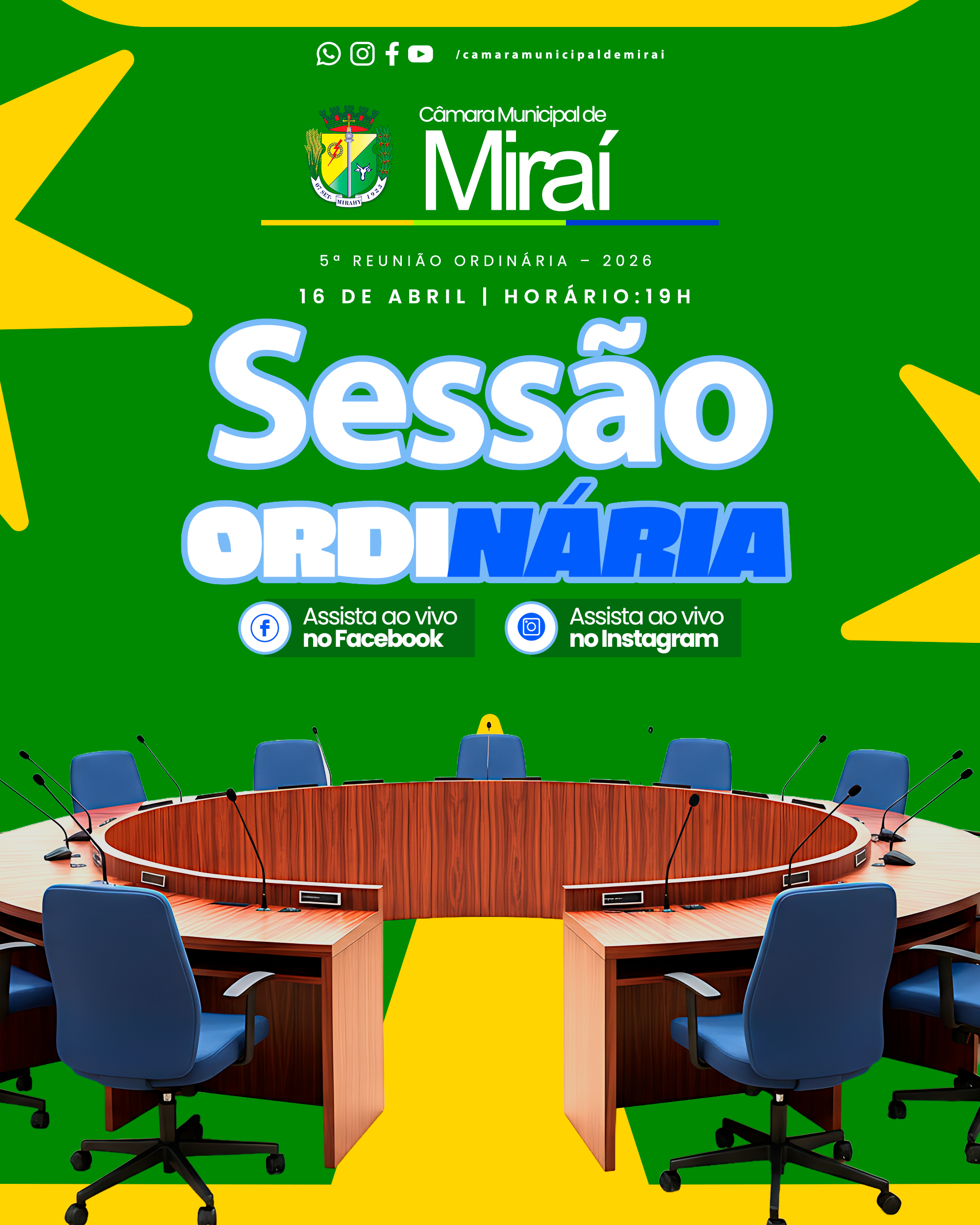 A Câmara Municipal de Miraí convida a população para a 5ª Reunião Ordinária de 2026.